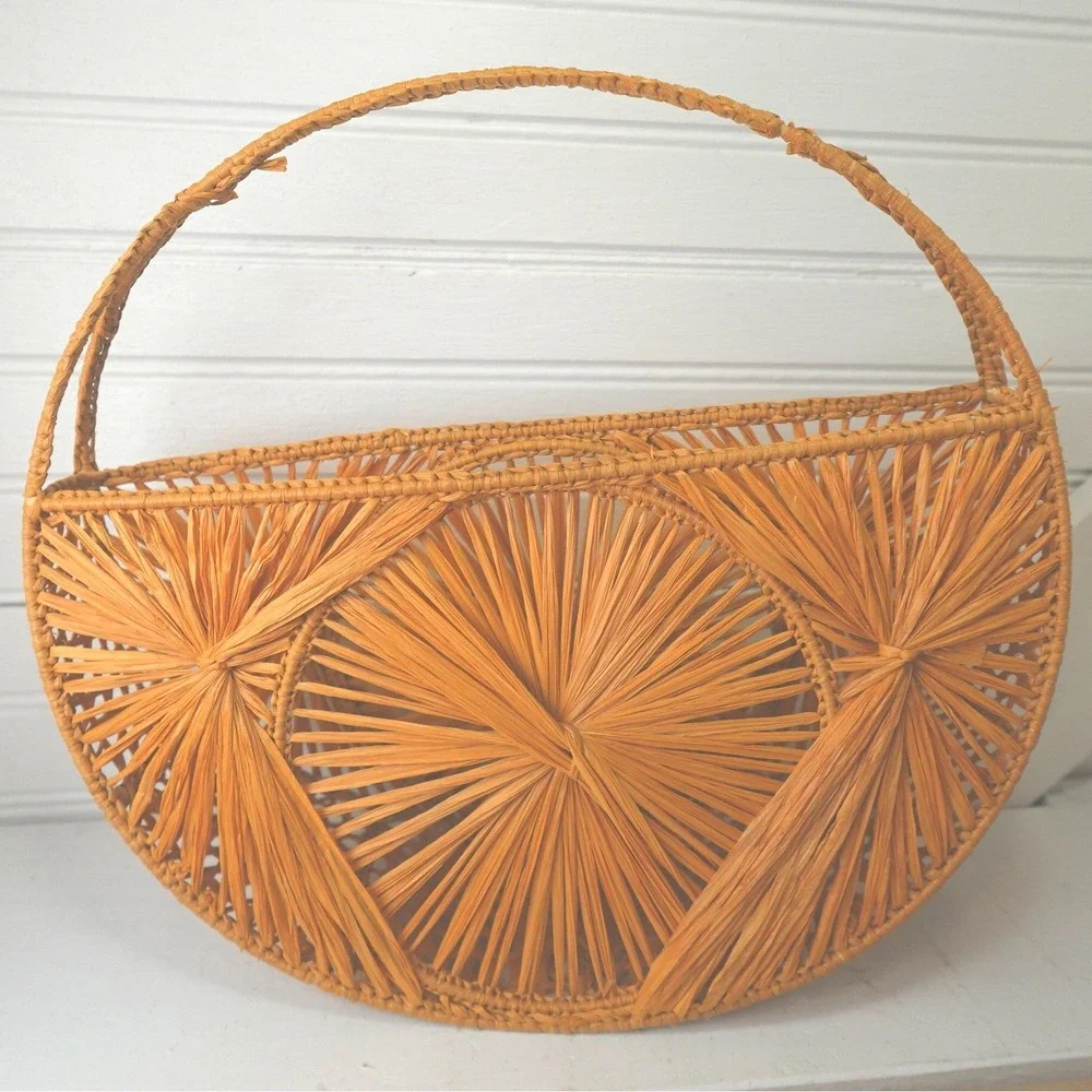 Boho Raffia Bag Woven Circle Clutch Purse Straw Wicker Accessory Top Handle Tote
